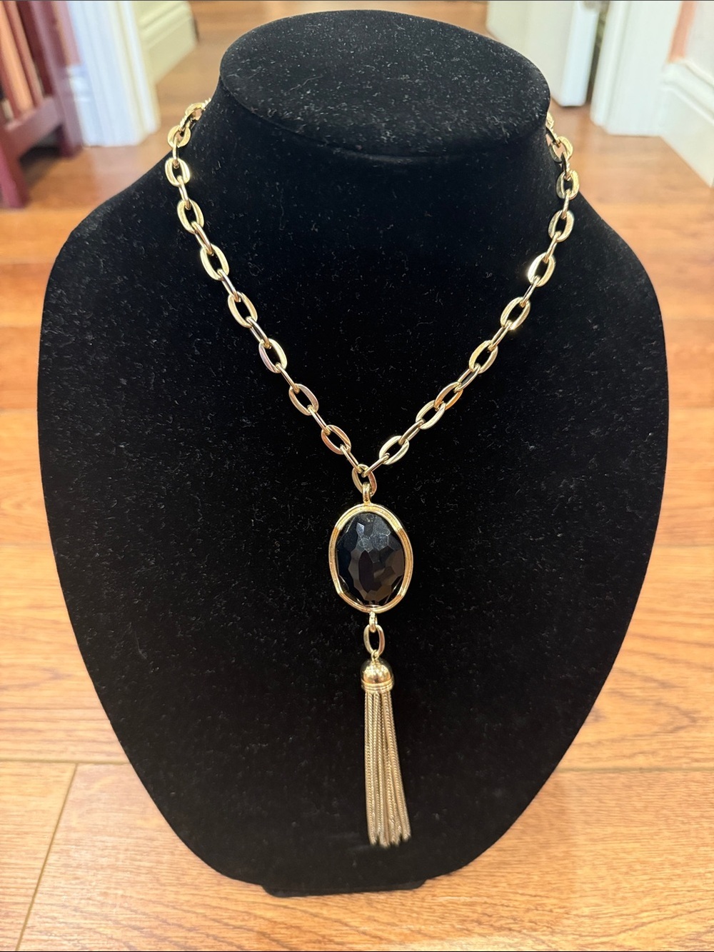 Gold Chain Necklace with Black Stone and Tassel
